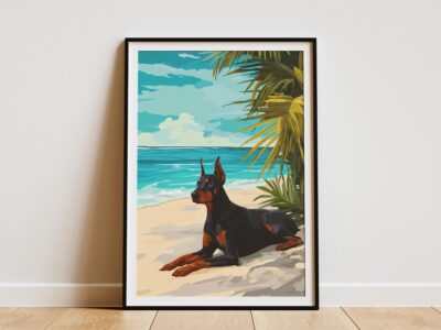 Doberman Tropical Ocean Beach Portrait Wall Art